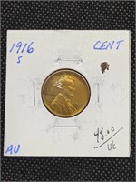 1916-S Lincoln Wheat Cent Penny Coin marked AU