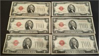 Six antique 1928 $2 Red Seal United States Paper
