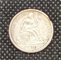 1890-S Seated Liberty Silver Dime Coin marked XF