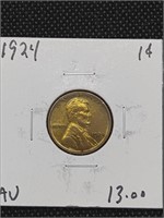 1924 Lincoln Wheat Cent Penny Coin marked AU