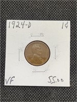 1924-D Lincoln Wheat Cent Penny Coin marked VF