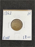 1862 Copper Nickel Indian Head Penny Coin marked