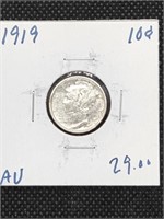 1919 Mercury Silver Dime Coin marked AU