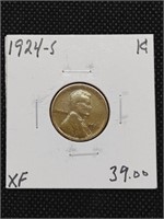 1924-S Lincoln Wheat Cent Penny Coin marked XF