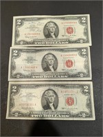 3 vintage 1963 $2 Red Seal United States Paper
