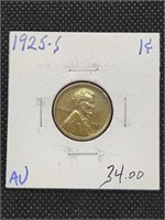 1925-S Lincoln Wheat Cent Penny Coin marked AU