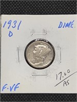 1931-D Mercury Silver Dime Coin marked F VF