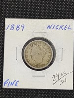 1889 Liberty V Nickel coin marked Fine