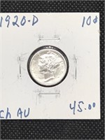 1920-D Mercury Silver Dime Coin marked Choice AU