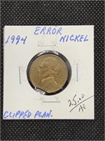 1994 Error Jefferson Nickel coin. Clipped