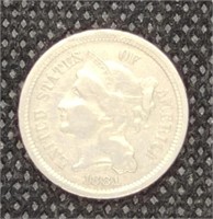 1881 Nickel Three Cent Piece coin marked VF