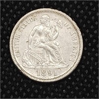 1891 Seated Liberty Silver Dime Coin marked