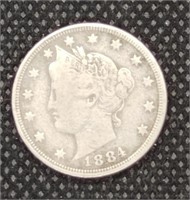 1884 Liberty V Nickel coin marked Fine