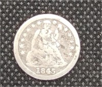 1845 Seated Liberty Silver Dime Coin marked VG