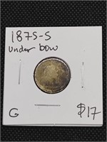 1875-S Seated Liberty Silver Dime Coin under bow