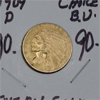 1909 D $5 Indian gold, choice BU