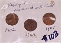 1902,1903,1907 Indian head cents, variety 2, oak