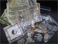bag of foreign coins & money