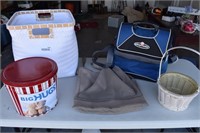 Lot of 5 Baskets, Tin, and Bags