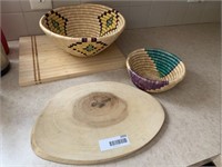 Lot of 4 Cutting Boards and Woven Baskets