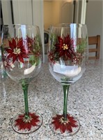 Lot of 2 Poinsettia Wine Glasses