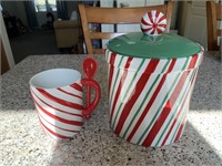 Lot of 2 Candy Cane Cookie Jar and Mug