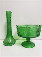 Green Glass Vase & Compote