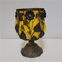 Amber Glass Bowl Blown In Metal Floral Stand