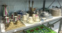 Shelf Lot: Porcelain Plates, Brass Inkwell, etc.