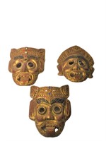 3 Hand Carved decorated wooden masks poly chrome