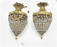 Pr. Vintage Hanging Lights Brass/Bronze w/ Crystal