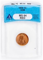 Coin 1909-VDB Lincoln Penny,ANACS-MS64 Red