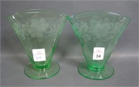 Two Signed Hawkes Green Etched Fan Vases