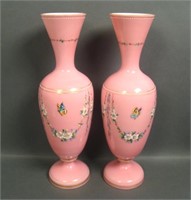 Two English Pink/White Cased Decorated Vases