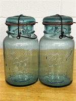 2 1920's Ball Ideal Blue Quart Jar W/ Lid