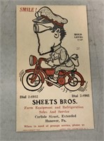 Sheets Bros Hanover PA Advertising Card
