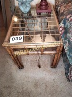 PAIR OF BROWN WICKER GLASS TOP END TABLE