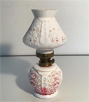 PAINTED MILK GLASS MINIATURE OIL LAMP