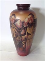 15" H Large Hand Painted Monks Antique Glass Vase