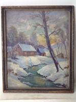 Vtg 1930 Snd KT IN Winter Landscape Painting