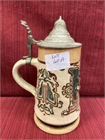Stoneware beer stein with pewter lid and pub
