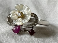 Sterling Silver Ring w/ Rubies & Carved Mother of