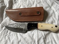 Damascus Steel Knife w/ Full Tang, Bone Handle,