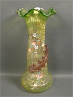 Harrach Vaseline Floral Enameled Ribbed Vase