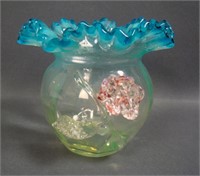Harrach Vaseline/Blue Trim Ruffled Vase