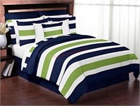 Navy Blue Lime Green and White Full queen bedding