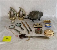 Grouping of Trinket Boxes, Brass and Desk Items