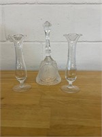 Etched glass bud vases and duck bell