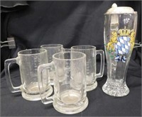 Set of 4 etched glass steins / mugs, 5.5" tall -