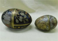 2 enamel covered brass eggs, both open, 5" and